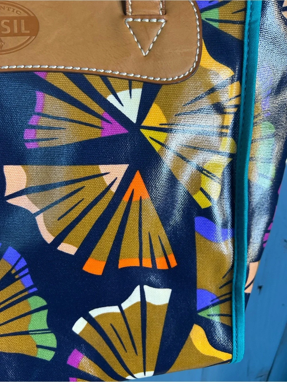 Fossil Navy Floral Fan-Print Tote with Tan Handles and Teal Trim - Picture 5 of 14